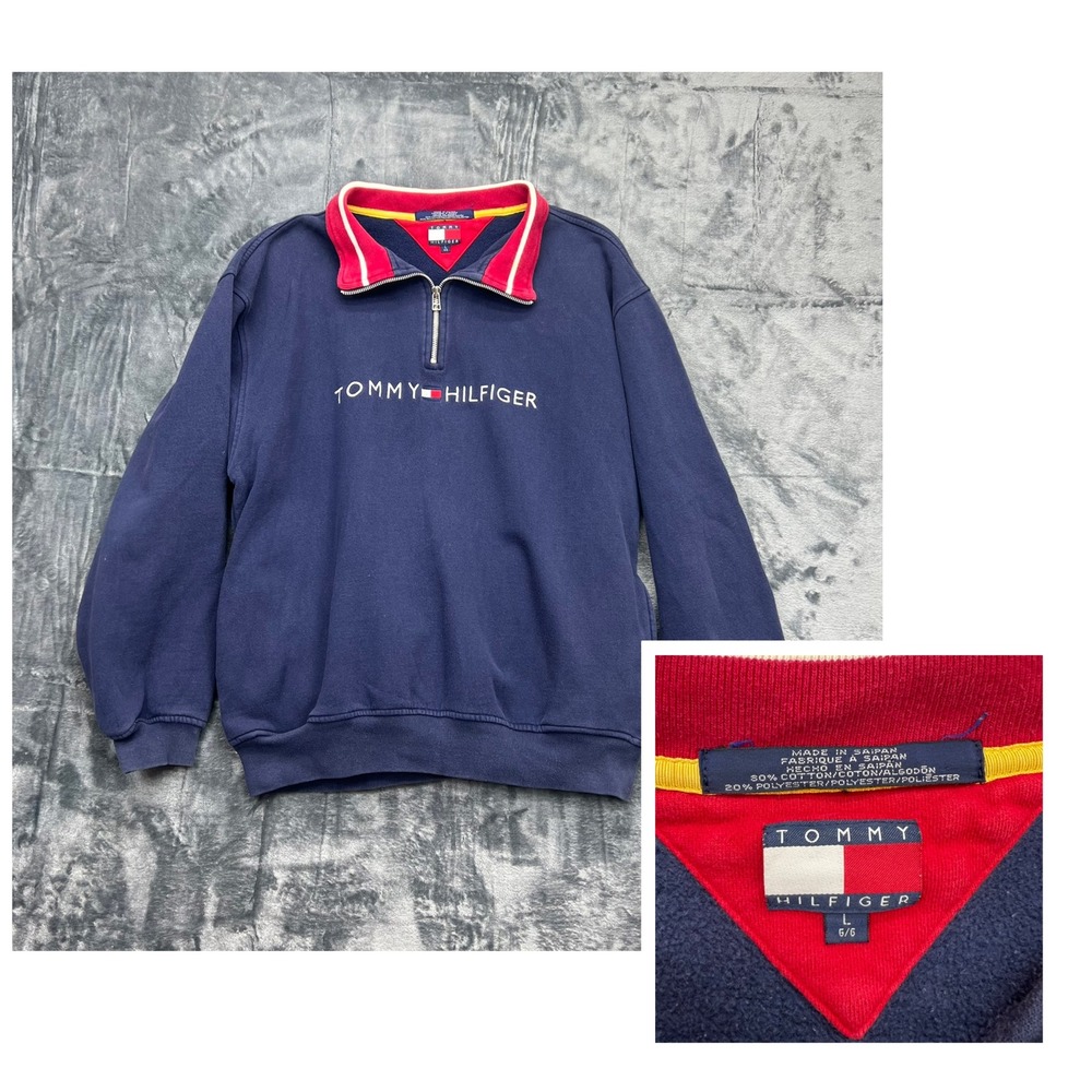 VTG Tommy Hilfiger Spell Out Flag 1/4 Zip Men's L Pullover 90's Y2K Embroidered
